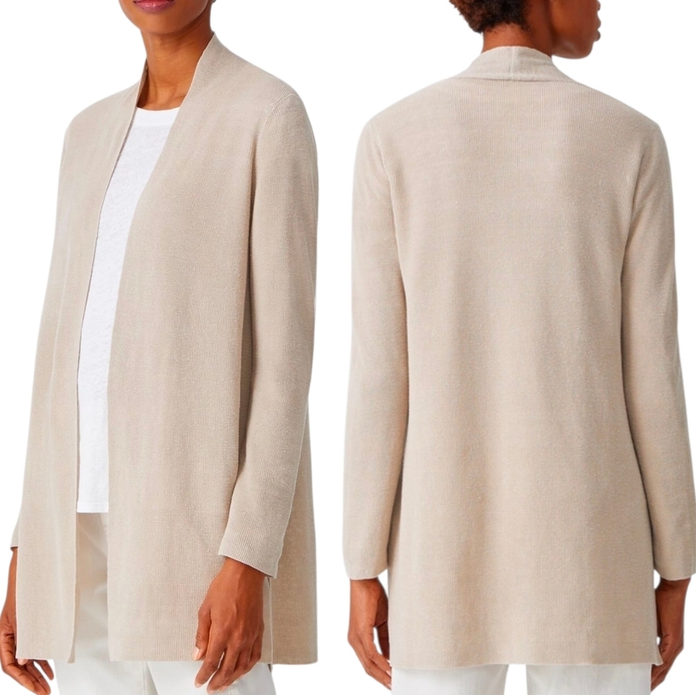 Eileen Fisher Organic Linen Cotton Textured Heather Beige (Natural) Cardigan 1X